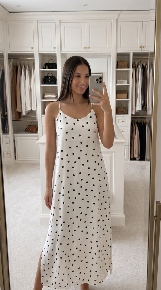 Robe longue bohème à pois femme dos croisé – vue de face