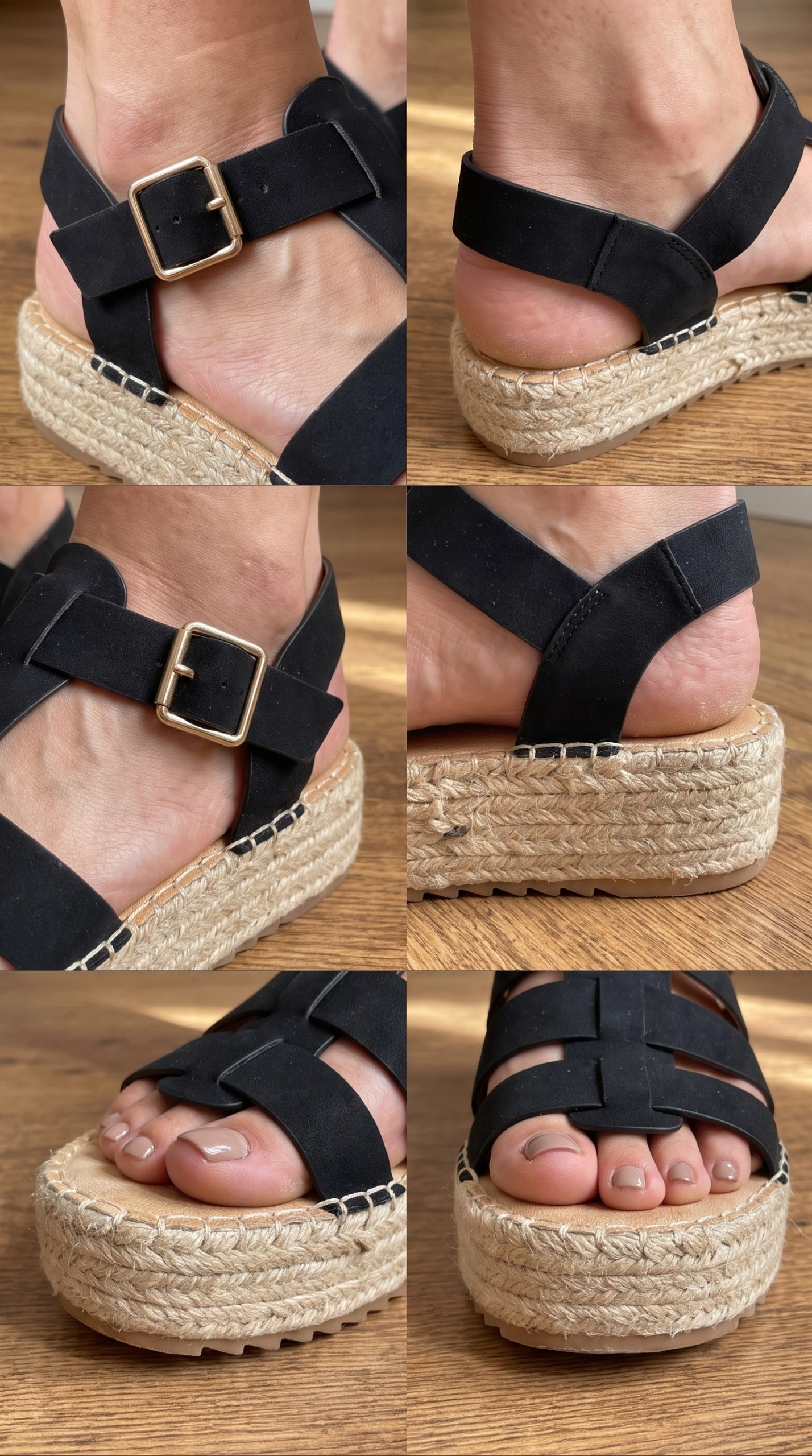 Sandales compensées gladiateur corde et PU noir femme – détail brides réglables