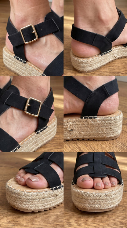 Sandales compensées gladiateur corde et PU noir femme – détail brides réglables
