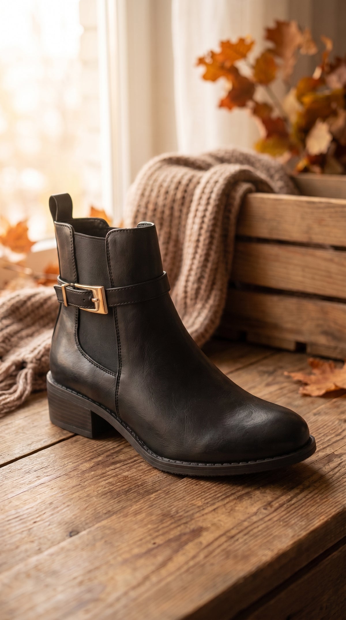 Bottines Chelsea femme marron avec boucle dorée, vue de profil