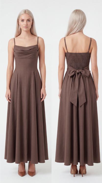 Robe Longue Femme – Dos Smocké & Nœud Au Dos | INES CONCEPT STORE