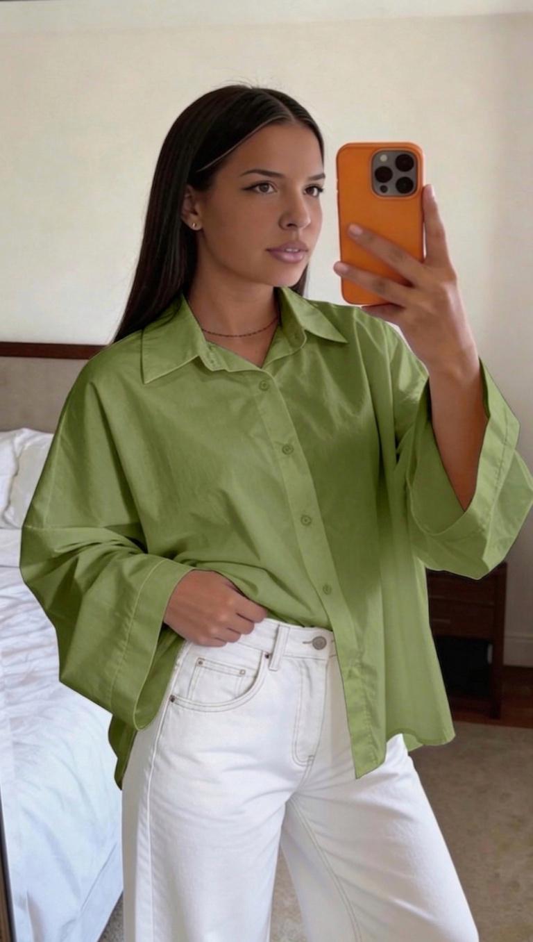 Chemise oversize coton femme bleu ciel portée ouverte sur haut