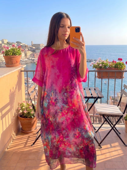Robe oversize femme en tencel avec doublure viscose et imprimé artistique multicolore
