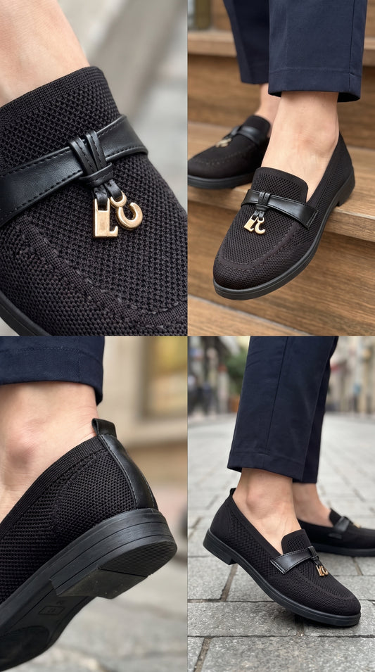 Mocassin Maille Tissée Boucle Dorée Noir