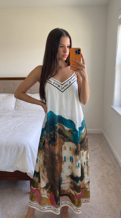 Robe Longue Fluide Imprimée Bleu Multicolore Femme