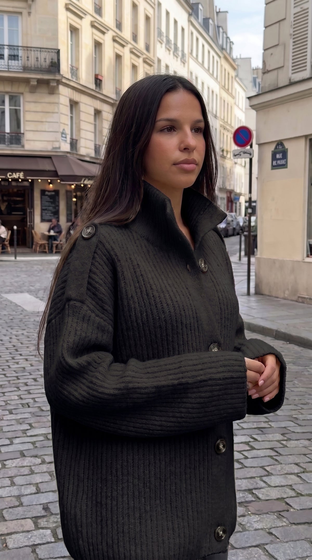 Gilet oversize maille douce femme, col montant fermé