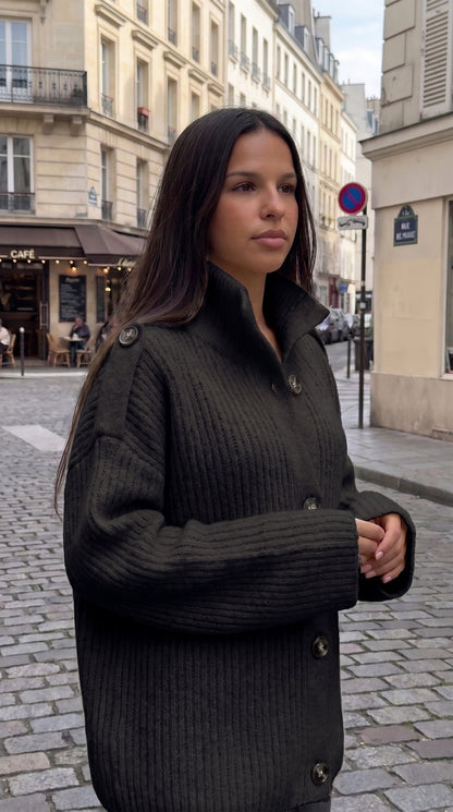 Gilet oversize maille douce femme, col montant fermé