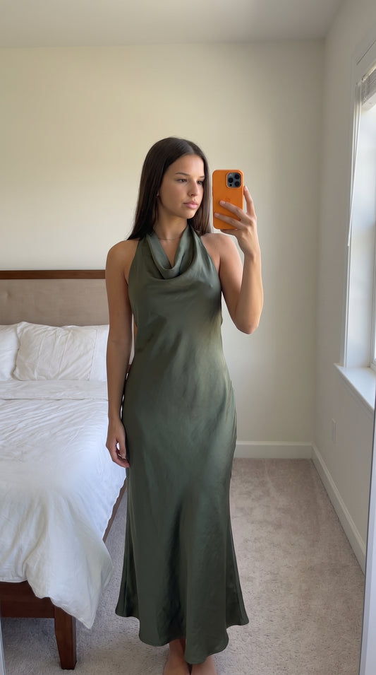 Robe Longue Dos Nu Satinée Kaki
