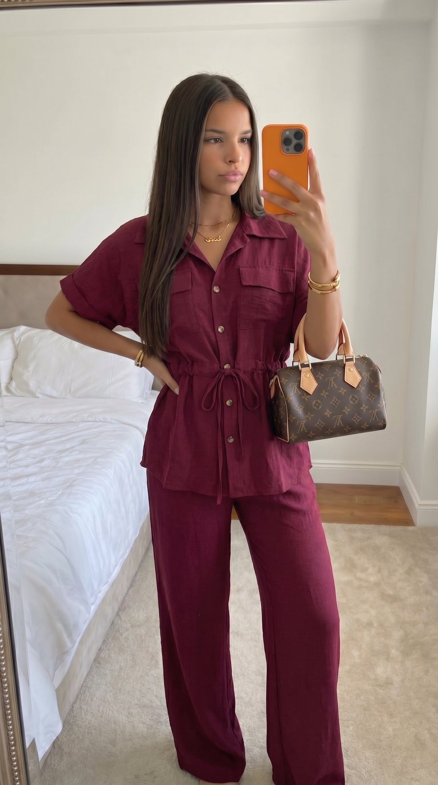 Ensemble effet lin kaki femme haut et pantalon large