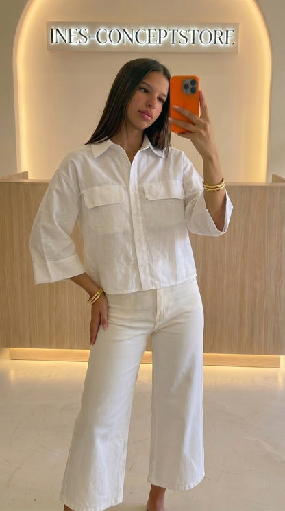 Chemise Crop Femme Poches Poitrine – Coupe Ample Casual Chic