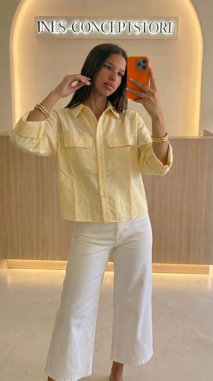 Chemise Crop Femme Poches Poitrine – Coupe Ample Casual Chic