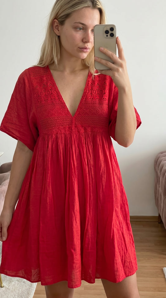 Robe bohème rouge voile de coton dentelle femme – vue de face