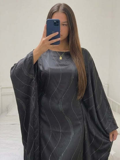 Abaya satin bleu canard à strass — taille ajustable