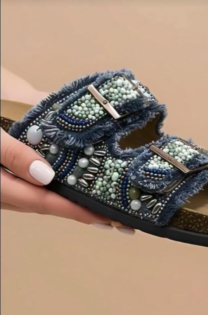 Sandales Bohème Denim Perlé — Confort & Élégance Estivale
