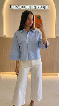 Chemise Crop Femme Poches Poitrine – Coupe Ample Casual Chic