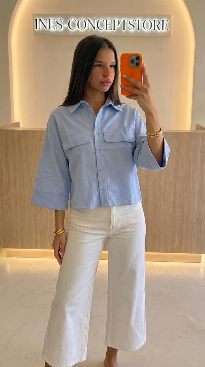 Chemise Crop Femme Poches Poitrine – Coupe Ample Casual Chic